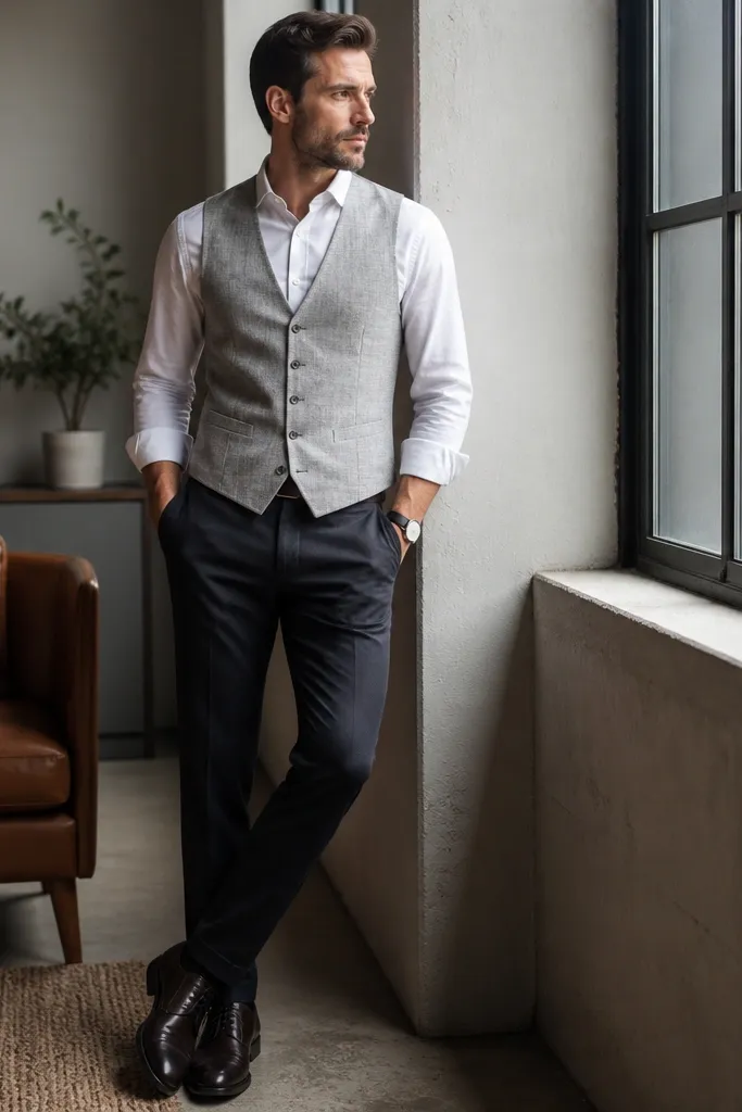 A man wearing a white chambray button-up under a light gray vest, paired with dark trousers. He wears dark leather oxford shoes and a simple watch.