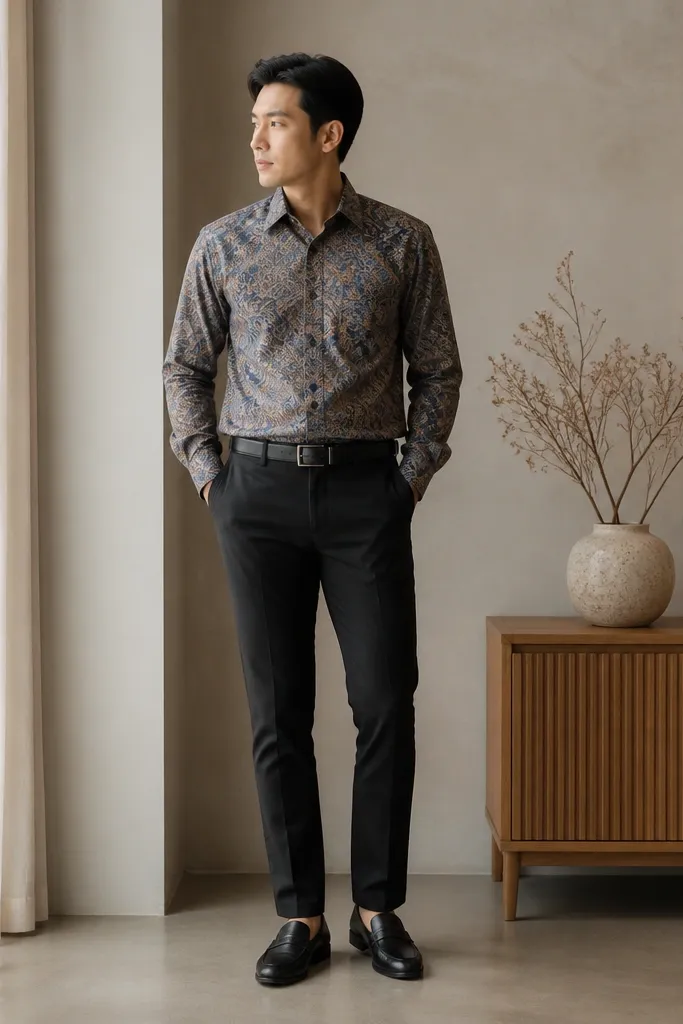 A man wearing a button-up shirt with a subtle batik-style pattern in muted blues and browns, tucked into black trousers. He wears black loafers and a black belt.