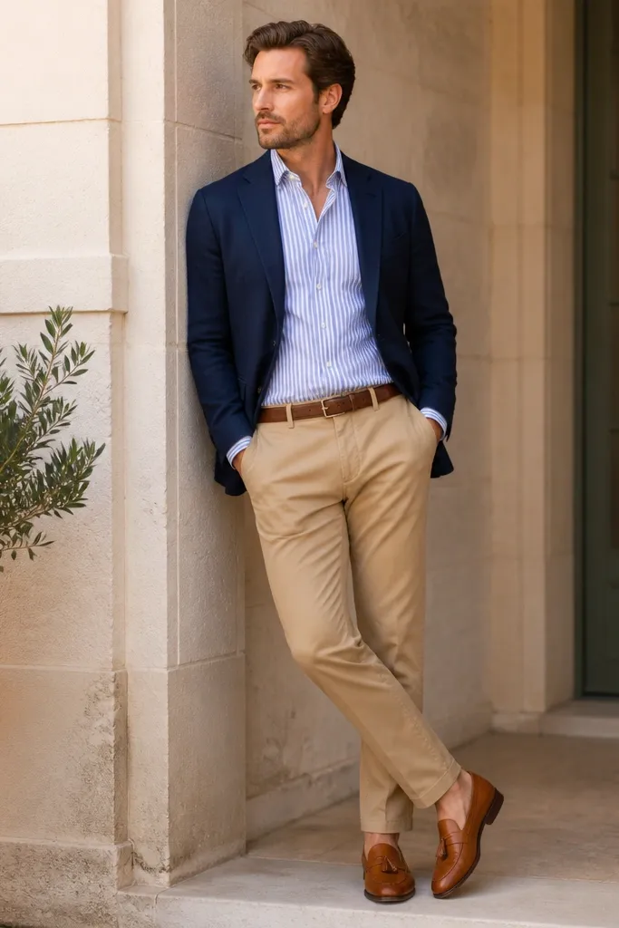 A man wearing a navy blazer over a striped oxford button-down, tucked into tan chinos. He wears tan leather loafers and a brown belt.