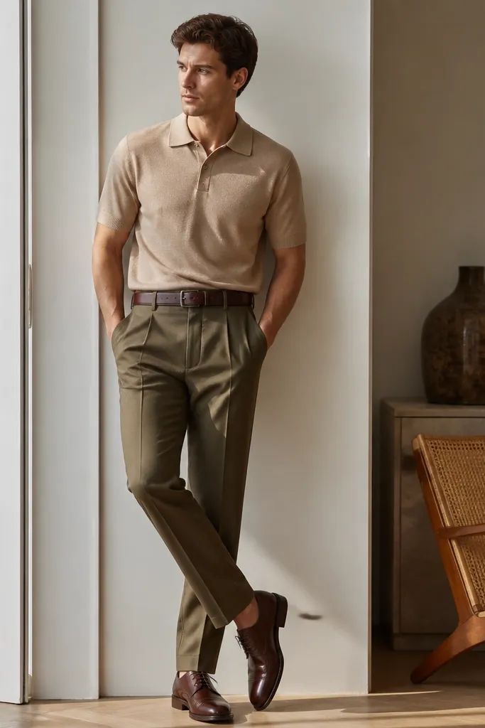 A man wearing a biscuit-colored knit polo with a structured collar, paired with olive tailored trousers. He wears brown leather derby shoes and a matching belt.