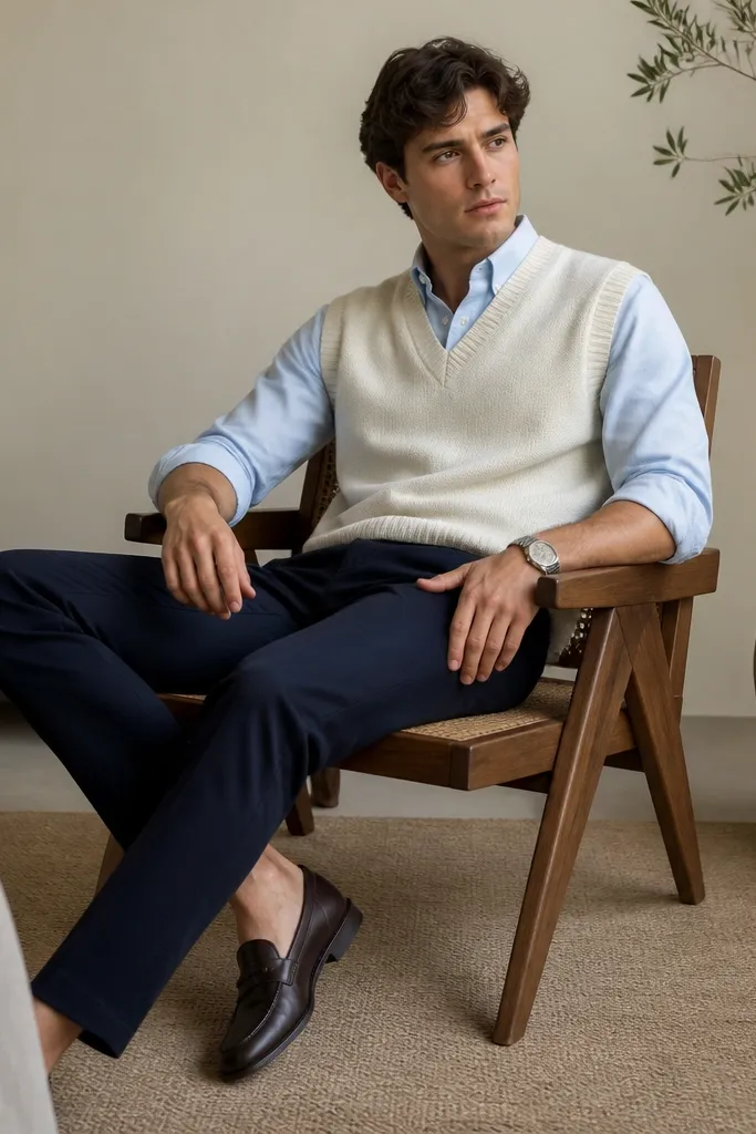 A man wearing a cream sweater vest over a light blue button-down, paired with navy trousers. He wears dark leather loafers and a silver watch.