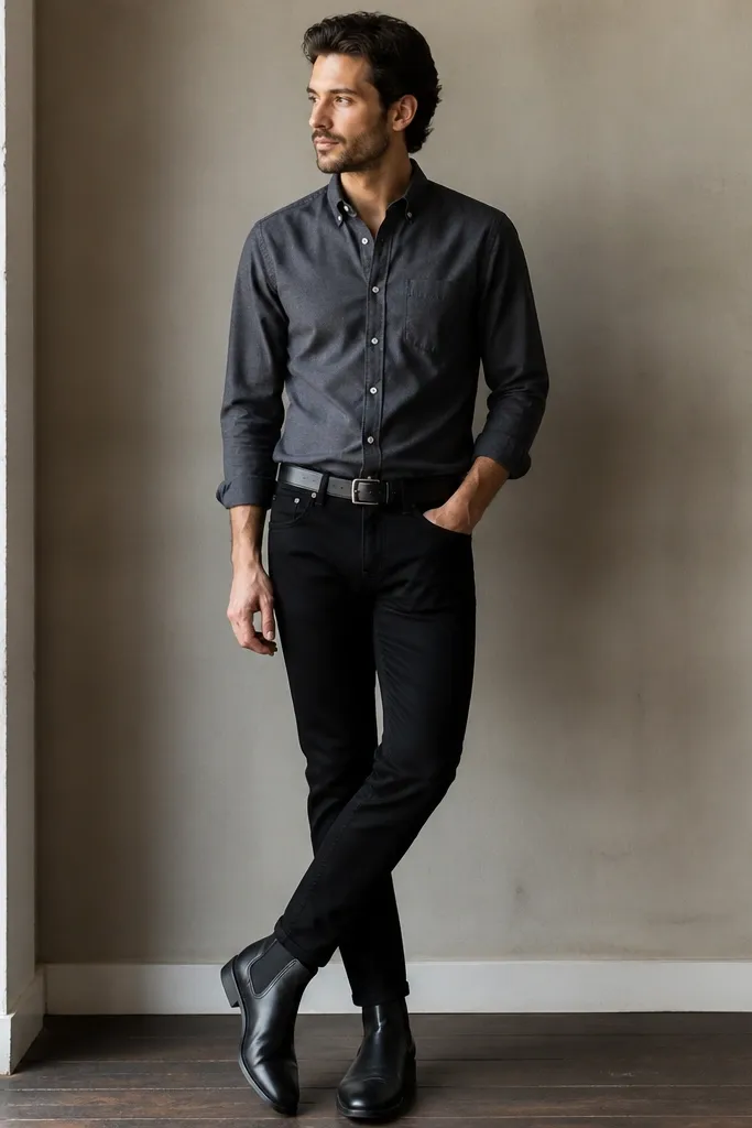 A man wearing a charcoal oxford button-down tucked into black jeans. He wears black leather chelsea boots and a black belt.