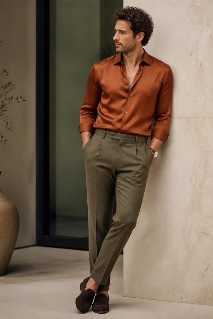 A man wearing a rust-colored satin-finish button-up shirt tucked into olive chinos. He wears dark brown loafers and a simple watch.