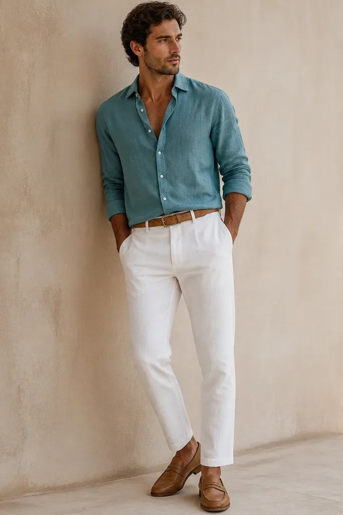 A man wearing a teal linen button-up with the top buttons open slightly, paired with white linen-blend trousers. He wears tan leather loafers and a tan belt.