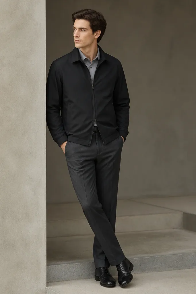 A man wearing a black nylon overshirt with a clean front zipper, layered over a gray dress shirt. He has charcoal trousers and dark leather shoes.