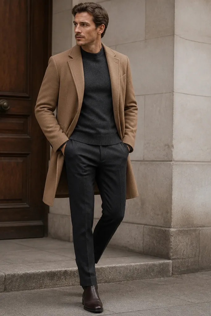 A man in a camel wool overcoat worn open over a charcoal merino crewneck sweater, charcoal trousers, and dark brown leather boots. The coat has a structured shoulder and falls to mid-thigh; the sweater sits neatly at the waist with no bunching.