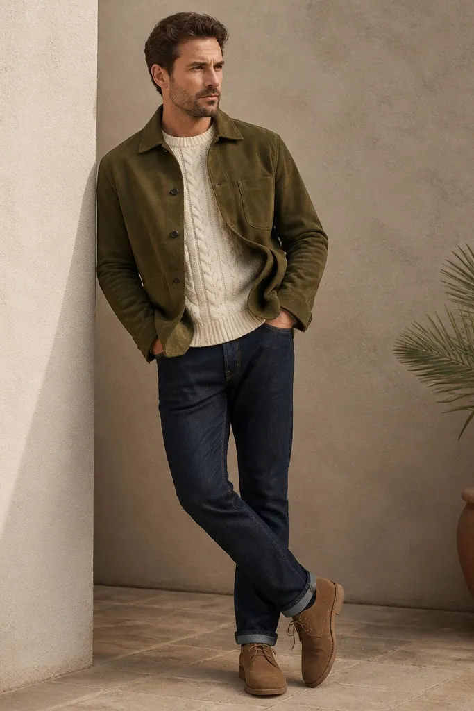 A man wearing an olive suede overshirt with visible suede nap, layered over a cream cable knit crew. He wears dark denim jeans and tan suede chukka boots. The overshirt is buttoned halfway, showing the cable knit pattern clearly.