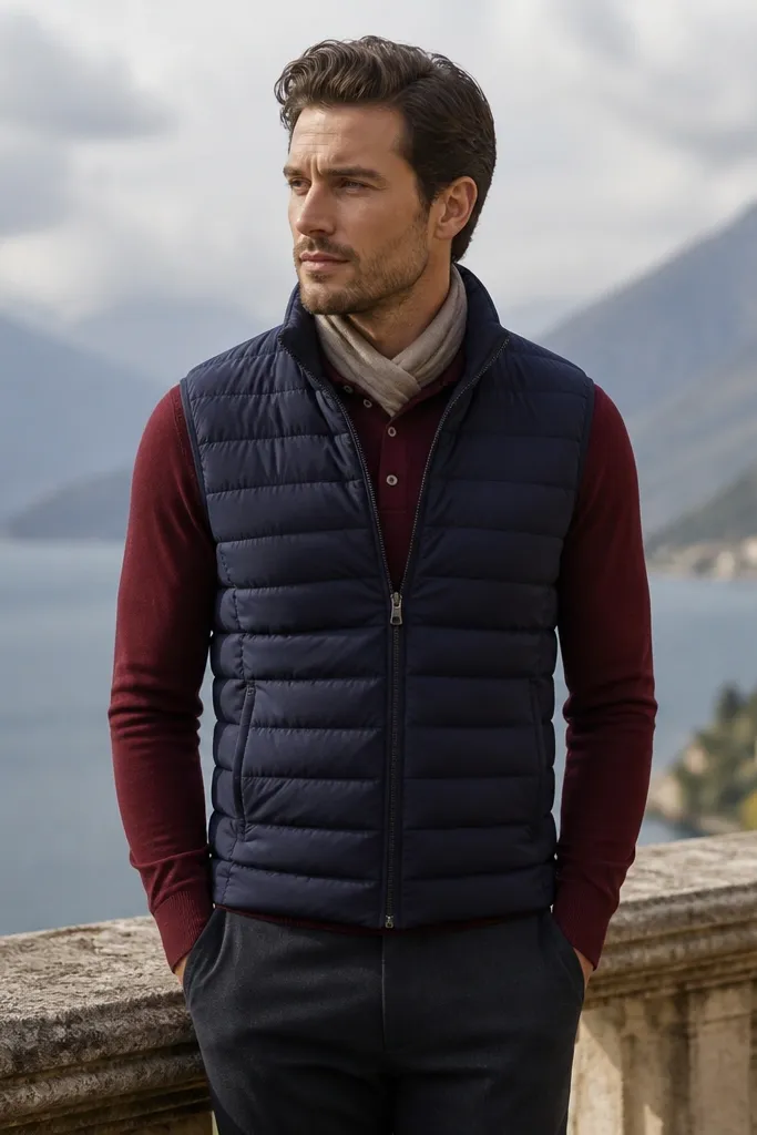 A navy quilted puffer vest layered over a fitted knit polo in burgundy. The man wears slim dark trousers and a light scarf tucked neatly. The vest is zipped to the upper chest and the knit polo collar sits flat.