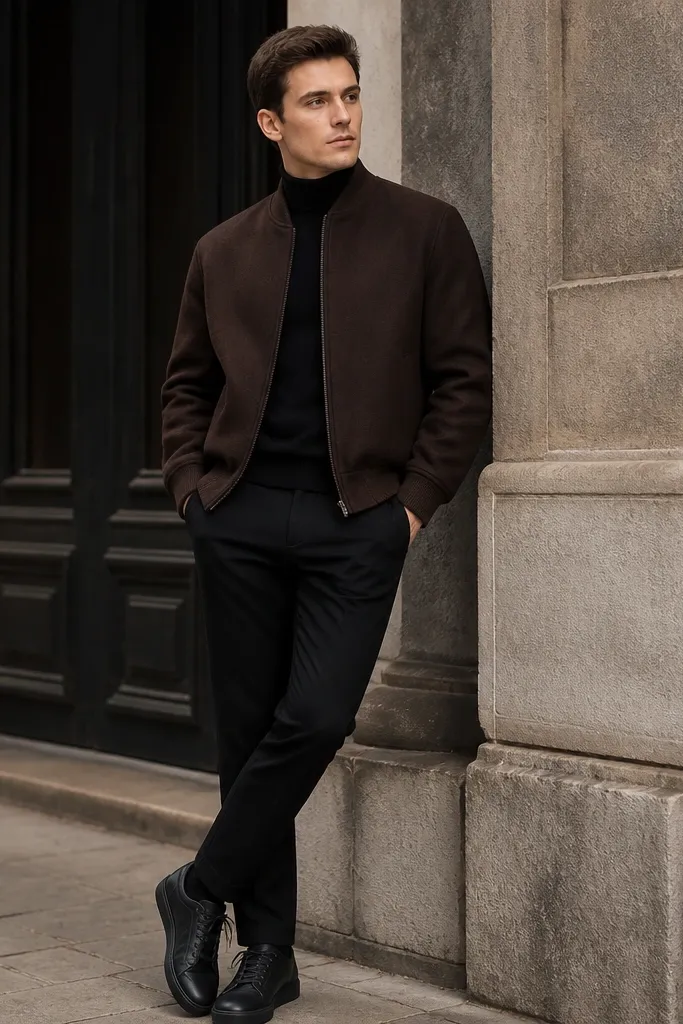 A chocolate-brown boiled-wool bomber with ribbed cuffs and waistband, worn over a black turtleneck. The man wears black slim trousers and a pair of black leather sneakers with a clean toe. The bomber has a matte finish with slight texture.