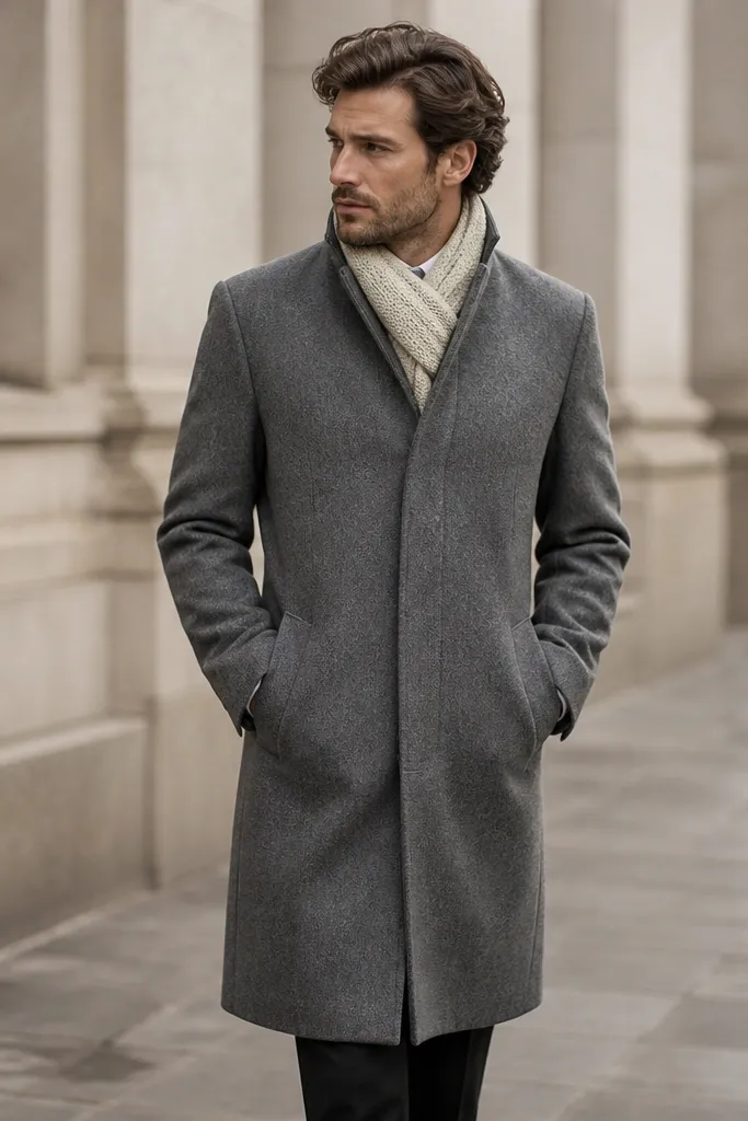A heather gray overcoat worn closed at the front, black wool trousers, and a thick oat-colored scarf wrapped once and tucked. The man's shirt is white under the coat, and the scarf texture looks chunky and woven.