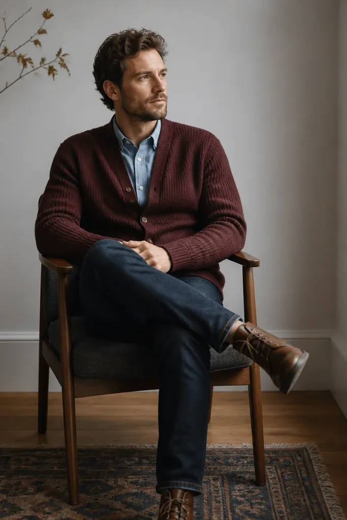 A burgundy cardigan with button front and a subtle knit texture worn over a light blue button-down shirt. The man wears dark jeans and brown leather lace-up boots. The cardigan buttons are left open at the top.