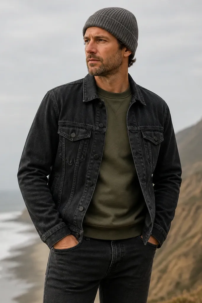 A black denim jacket with brushed finish layered over an olive sweatshirt. The man wears a gray knit beanie and dark tapered jeans. The sweatshirt is not oversized; it sits smooth at the waist.