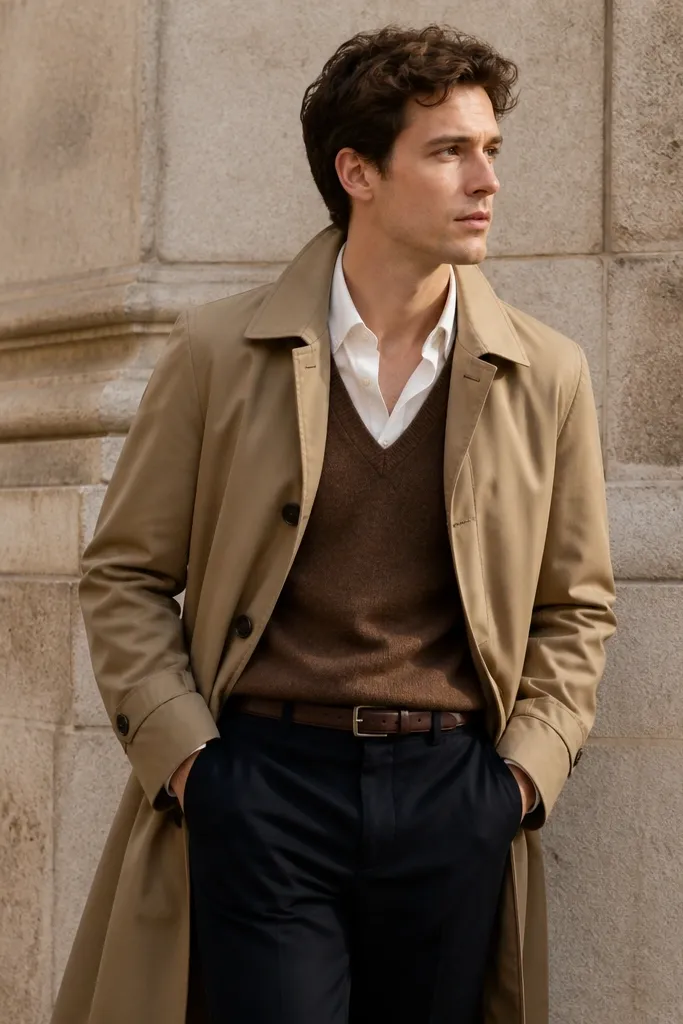 A tan trench coat worn over a brown wool sweater vest and a white shirt. The man has a slight open collar at the coat and the vest shows a V shape. He wears dark trousers and a simple leather belt.