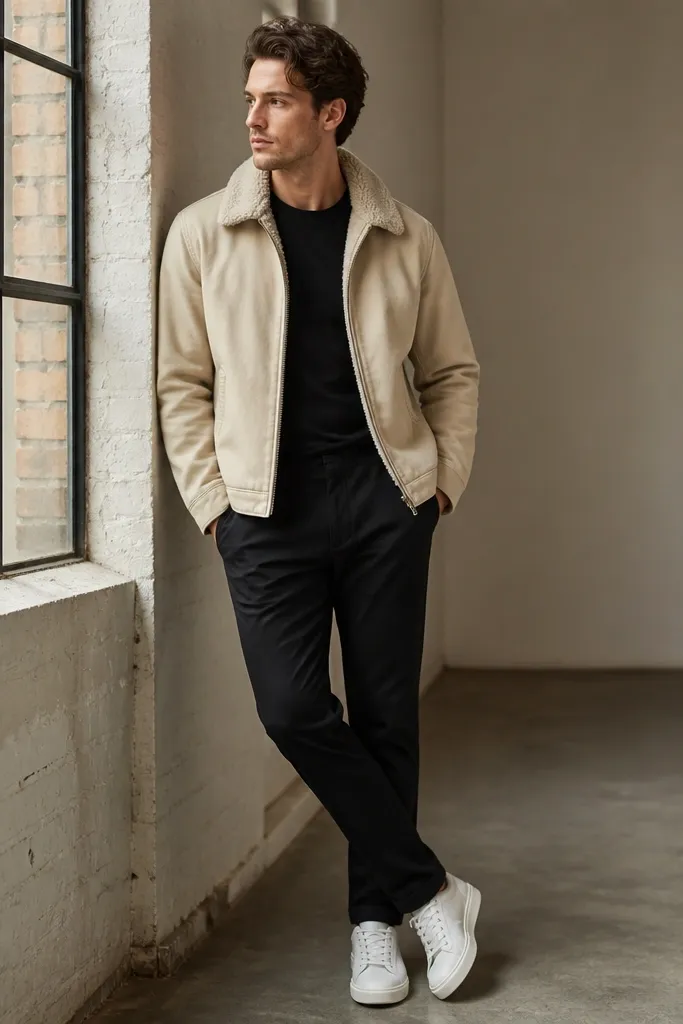 A cream jacket with sherpa lining at the collar and interior, worn over a simple dark tee. The man wears black chinos and white-soled sneakers. The sherpa texture is visible at the neck.