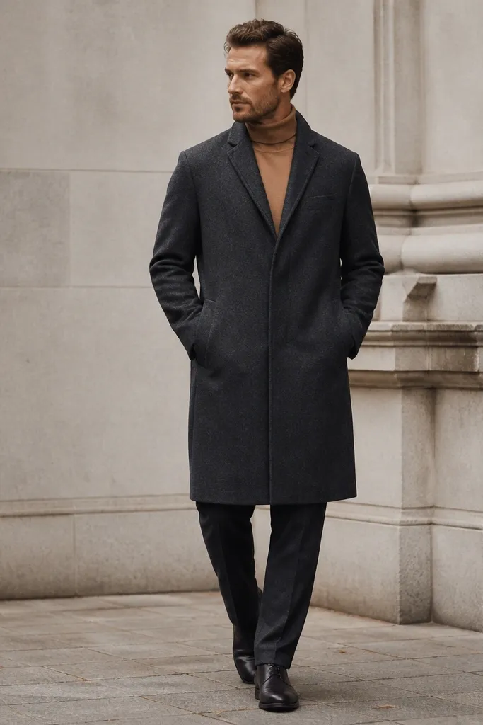 A charcoal wool coat closed at the front, a camel turtleneck underneath, and dark leather shoes. The turtleneck looks thick and smooth, with no pilling visible. The coat has a clean lapel and straight lines.
