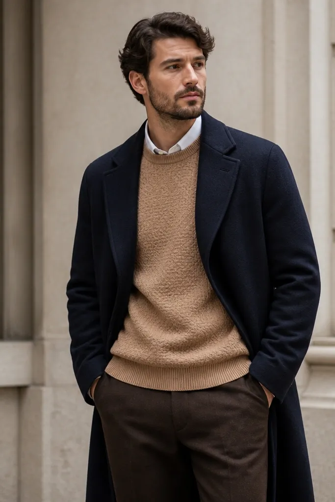 A navy wool overcoat worn over a tan sweater with a subtle textured pattern. The man wears a light shirt peeking at the collar and dark brown trousers. The coat lapels sit flat and the sweater texture is visible near the hem.