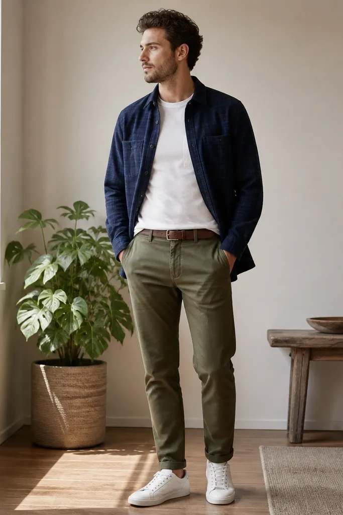 A men's outfit photo: navy flannel overshirt worn open over a white crewneck tee with a visible chest pocket seam. Olive chinos sit at the natural waist with a simple brown belt, and white low-top sneakers complete the look.
