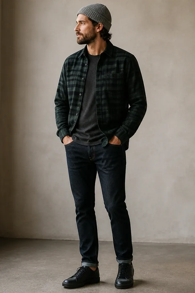 A men's outfit photo: blackwatch plaid flannel worn over a plain dark charcoal tee. The flannel is half-tucked at the front, sleeves down, and dark-wash jeans show a clean taper. A gray knit beanie and black leather sneakers sit in frame.