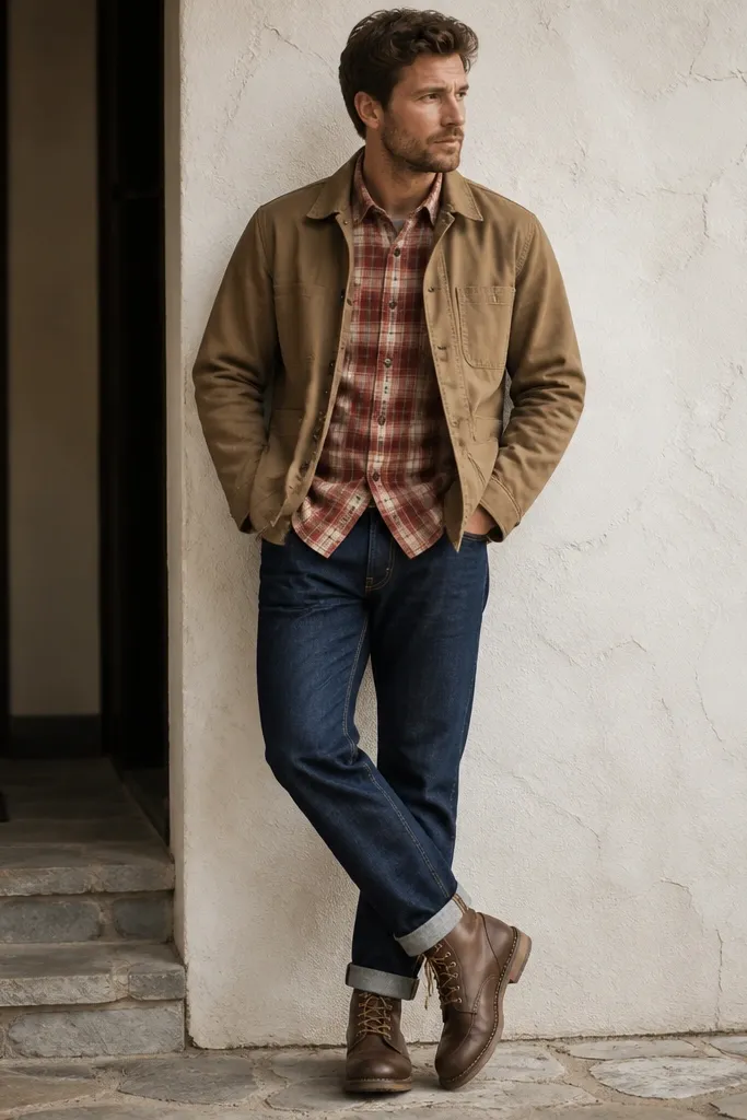 A men's outfit photo: red-and-cream plaid flannel buttoned, layered under a khaki chore jacket. Indigo jeans are straight and cuffed slightly at the ankle. The footwear looks like brown leather lace-up boots.