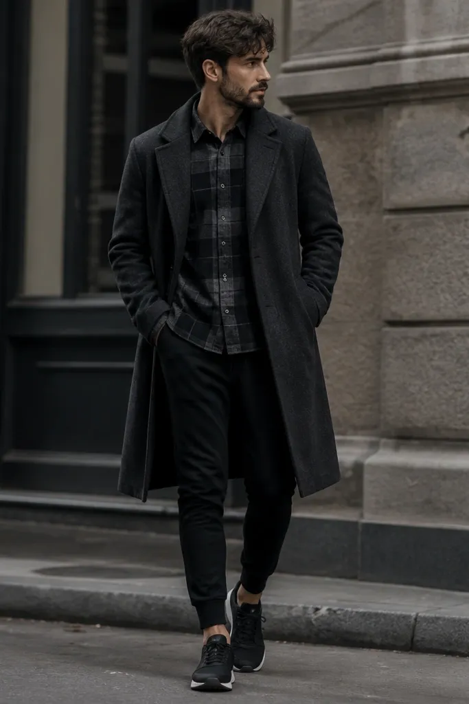 A men's outfit photo: charcoal plaid flannel buttoned and worn under a long charcoal wool coat. Black joggers show a clean taper to sneakers. The overall palette is dark and monochrome with subtle plaid texture.
