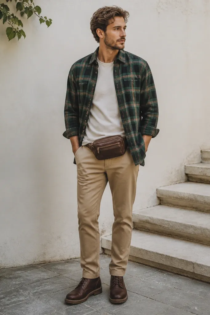 A men's outfit photo: forest green plaid flannel worn untucked over a fitted plain tee. Tan chinos are clean and straight, with a brown belt bag worn across the waist. A pair of dark brown boots or casual shoes appear.