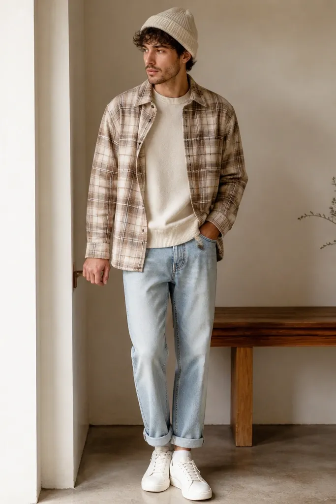 A men's outfit photo: beige plaid flannel open over a cream sweater or tee. Light-wash denim is straight and cuffed. A cream knit beanie and white sneakers sit in frame.