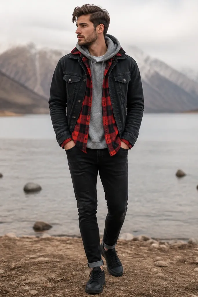 A men's outfit photo: red-and-black buffalo plaid flannel worn open over a gray hoodie. A black denim jacket sits on top, with black jeans and dark sneakers underneath.