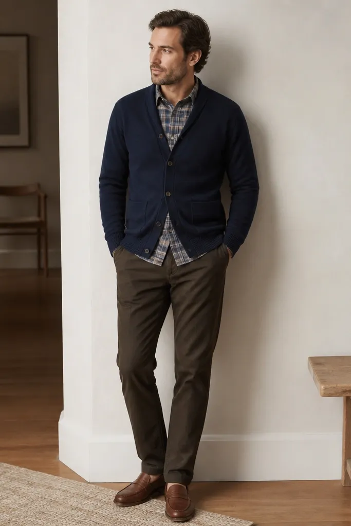 A men's outfit photo: blue-gray plaid flannel worn under a navy cardigan. The flannel collar peeks out, and dark khakis sit at the waist. Brown leather loafers show at the bottom.