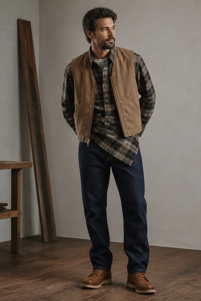 A men's outfit photo: a plaid flannel worn like a wrap - one side forward, the other side tucked under the waist - with a tan utility vest on top. The pants are dark denim, and the shoes are brown work boots.