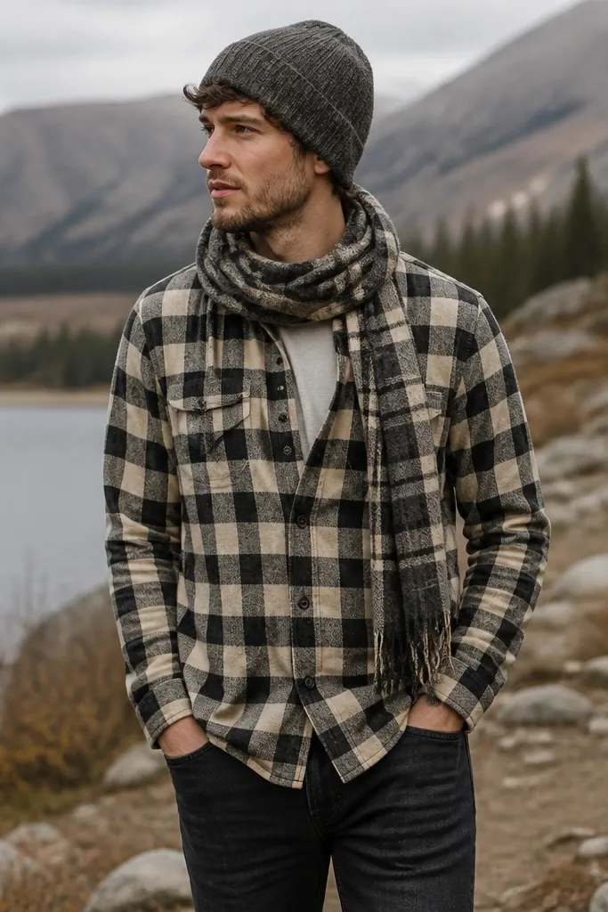 A men's outfit photo: a two-tone plaid flannel shirt worn buttoned with a neutral tee inside. A scarf is wrapped around the neck in a different plaid scale using one shared color. The outfit includes dark jeans and a wool cap.
