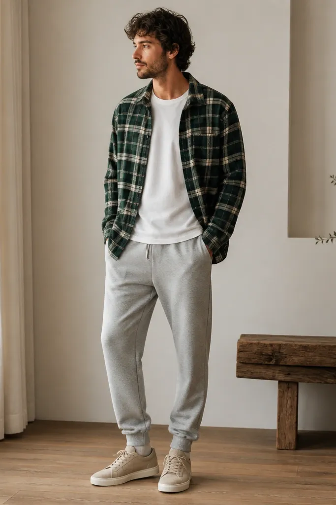 A men's outfit photo: green plaid flannel worn open over a plain white tee. Light gray sweatpants sit at the ankle with cuffed hem. Suede sneakers in off-white or tan finish the look.
