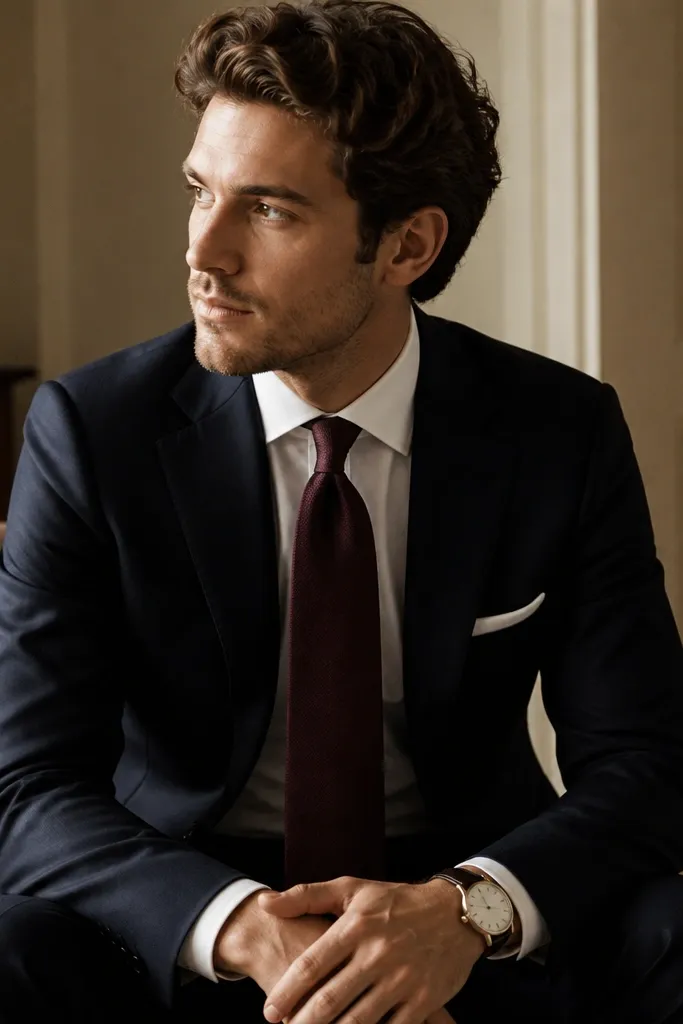 A man in a midnight navy suit with an ivory dress shirt, a burgundy tie, and a white pocket square. The scene shows indoor warm lighting and a black leather watch on the wrist.