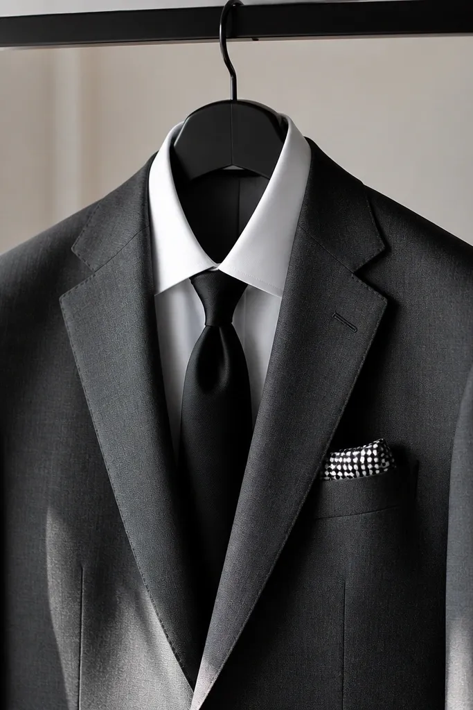 A charcoal gray suit on a hanger with a crisp white shirt, a matte black tie, and a small black-and-white pocket square. The lapels are sharply pressed and the fabric looks smooth.