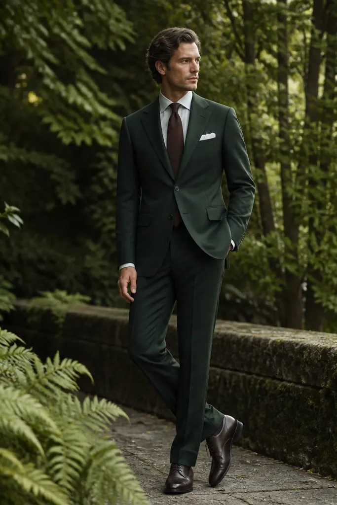 A forest green suit with a cream shirt, a deep chocolate brown tie, and a pocket square in warm white. Shoes are dark brown leather.