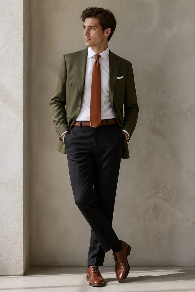 A tailored olive blazer with black trousers, a rust-orange tie, and a white shirt. A brown belt matches the leather shoes.