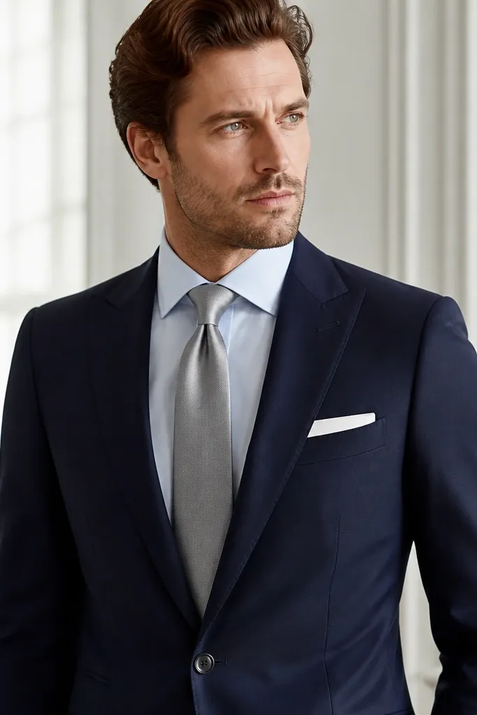 A navy suit with a light blue shirt, a silver tie, and a simple white pocket square. The lighting is bright, and the tie has a subtle sheen.