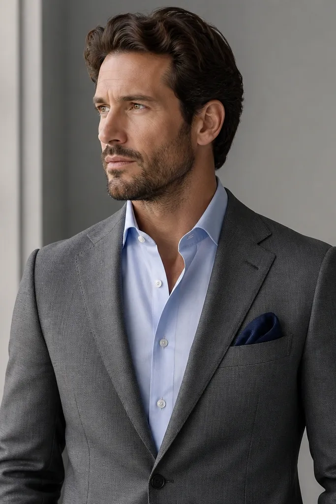 A steel gray suit with a pale blue shirt and a navy pocket square folded in a puff. The tie is omitted, showing the collar shape clearly.