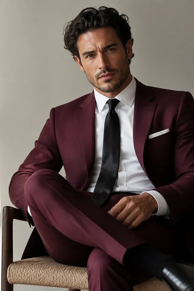 A burgundy suit with a white dress shirt and a black satin tie. The pocket square is white with a small fold, and the shoes are black leather.