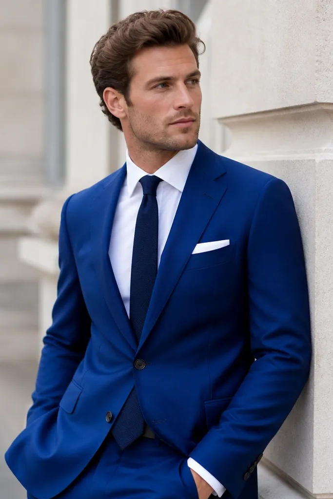 A royal blue suit with a white shirt and a navy tie, plus a white pocket square. The tie is solid and the fabric looks smooth and tailored.