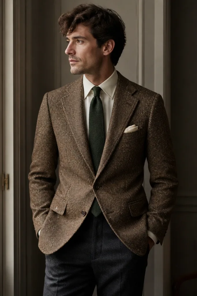 A brown tweed jacket with visible flecks, cream shirt, and a dark green tie. The trousers are charcoal, and the pocket square is cream.