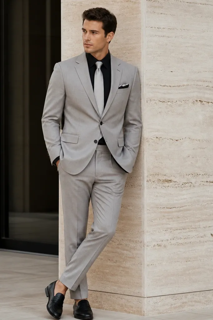 A light gray suit with a black dress shirt and a silver tie. The pocket square is black and white, folded flat, and shoes are black loafers.
