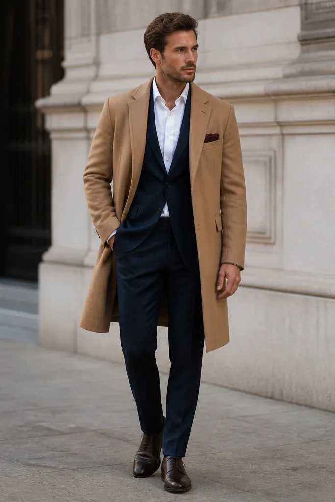 A camel overcoat over a navy suit, with a burgundy pocket square peeking from the breast pocket. The shirt is white and shoes are dark brown.