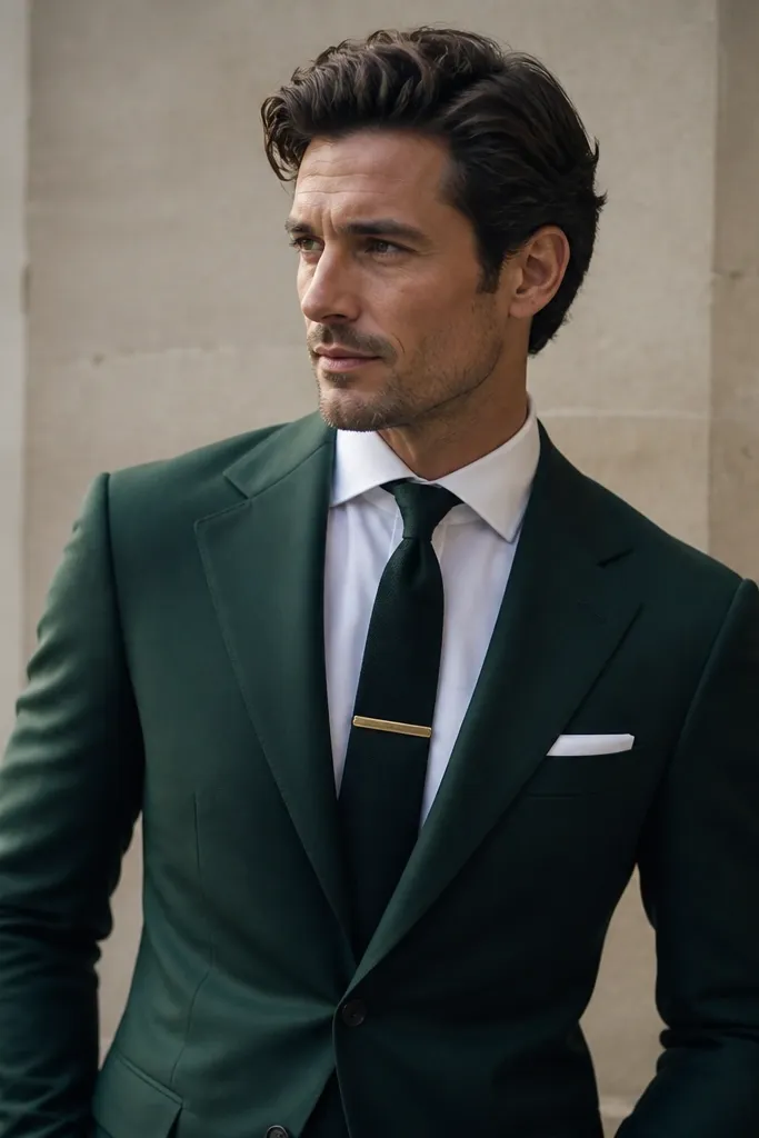 A deep emerald suit with a white shirt and a dark tie (black or deep green). A gold tie bar is centered on the tie, and the pocket square is white linen.