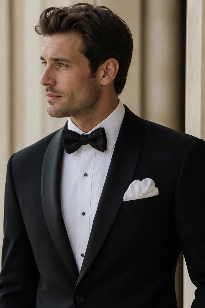 A classic black tuxedo with satin lapels, a white dress shirt, and a textured black bow tie. The pocket square is white with a puff fold.