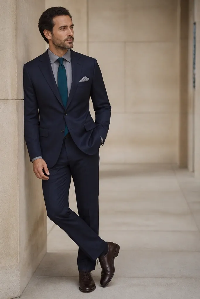 A navy suit with a medium gray shirt and a teal tie. The pocket square is light gray and the shoes are dark brown.