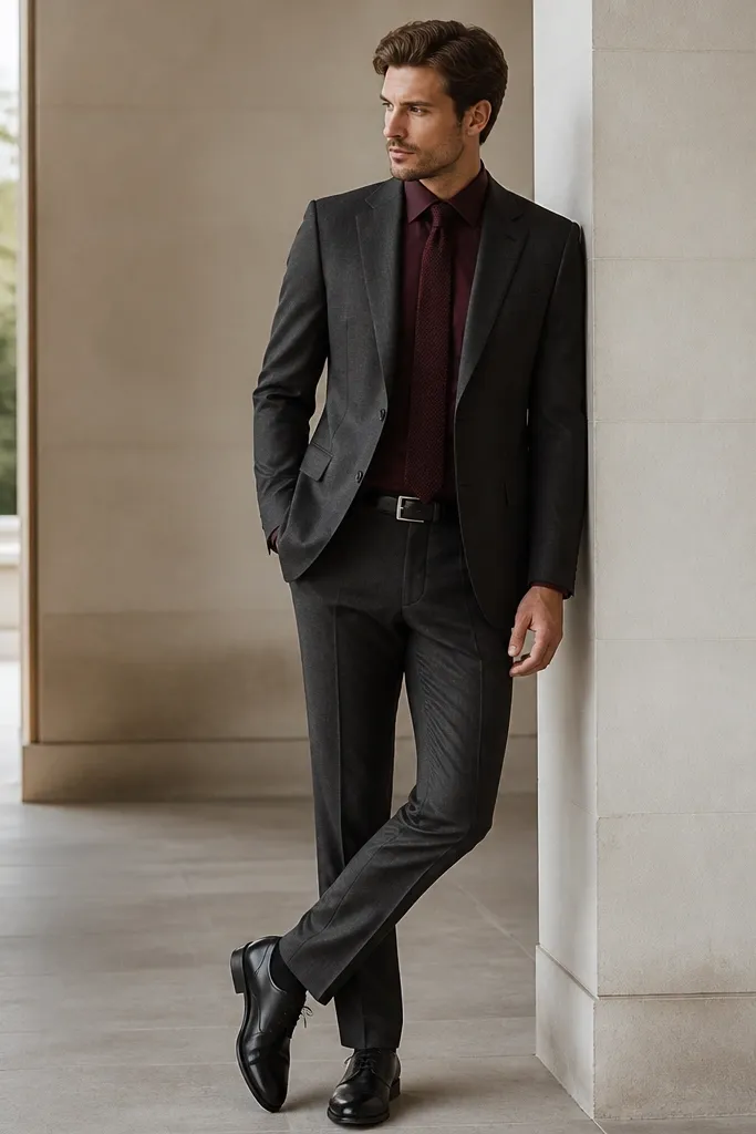 A charcoal suit with a burgundy dress shirt, black leather shoes, and a simple black belt. The tie is optional but pictured as a dark burgundy knit.