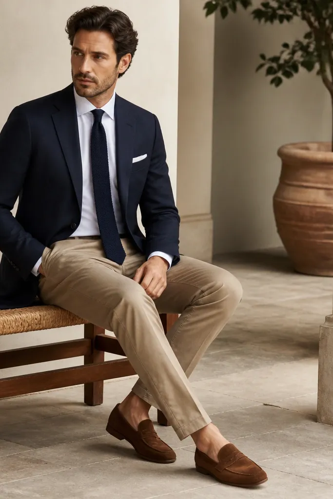 A navy blazer worn with tan chinos, a white shirt, and a navy knit tie. The shoes are brown suede loafers.