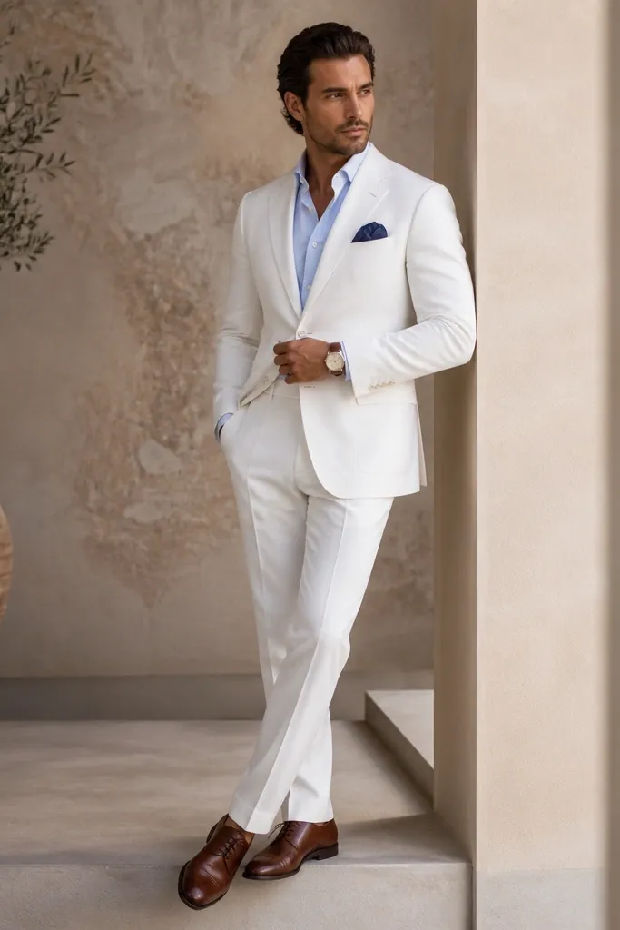 A white suit with a light blue shirt and a navy pocket square folded sharply. The shoes are dark brown leather and the watch has a tan strap.