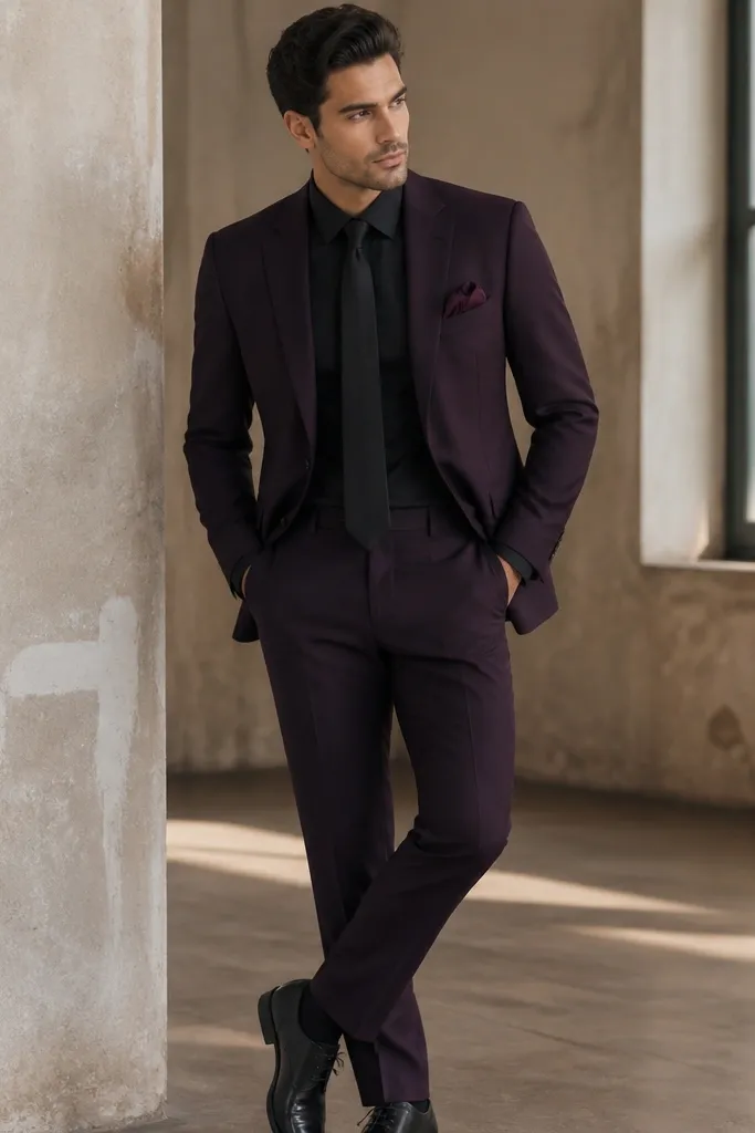 A plum suit with a black dress shirt and a plum satin pocket square that has a slight sheen. The tie is black and shoes are black leather.
