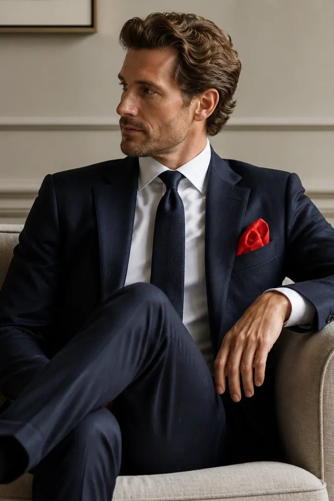 A navy suit with a white shirt and a red silk pocket square folded with visible folds. The tie is navy and shoes are black oxfords.